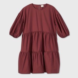 NWOT A New Day Puff Short Sleeve Tiered Dress In Burgundy Size Medium